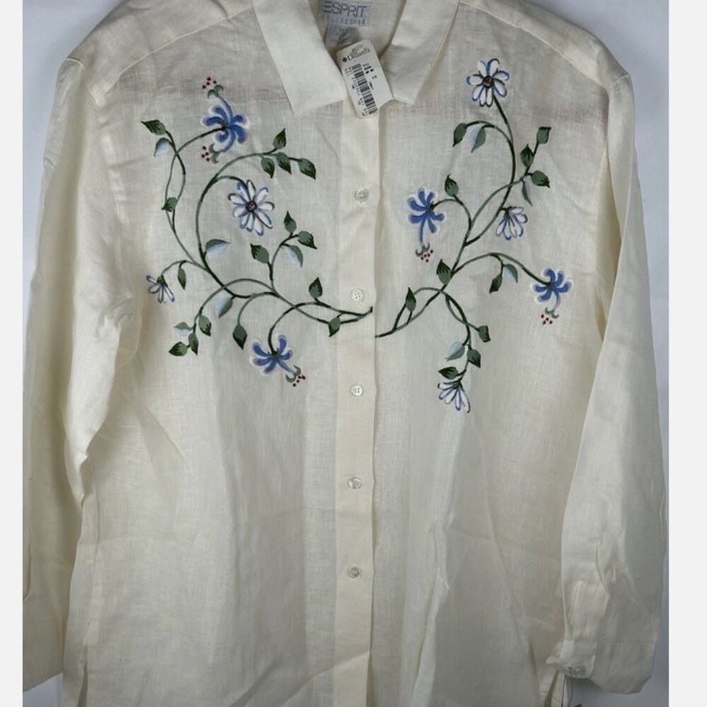 NWT Vintage Esprit Linen Cotton Blend Embroidered Button Up Top Womens M Sheer